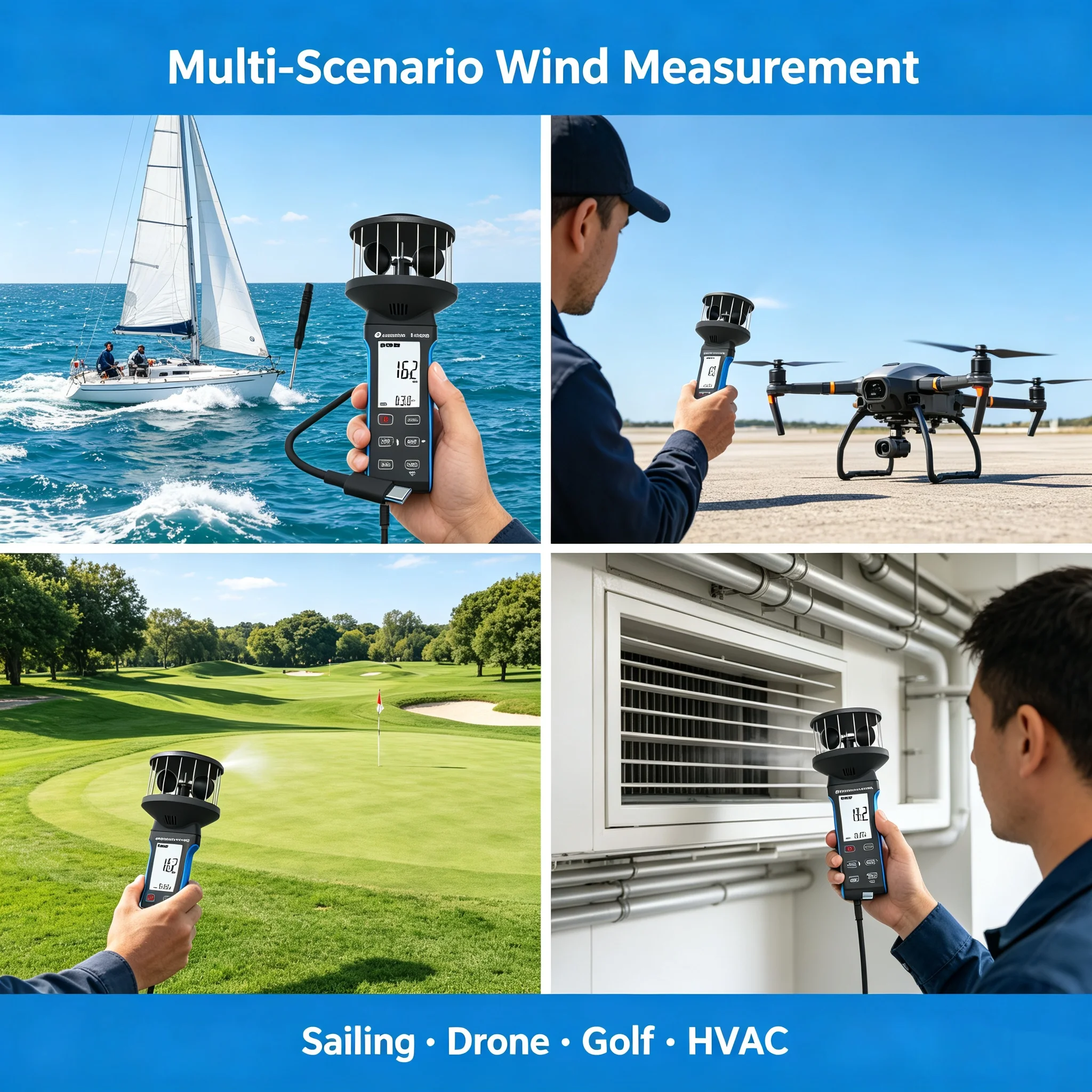 HoldPeak 5000G Cup Anemometer Wind Speed Meter 0.3-30m/s Air Volume CFM Temperature Waterproof USB-C Rechargeable Compass HVAC