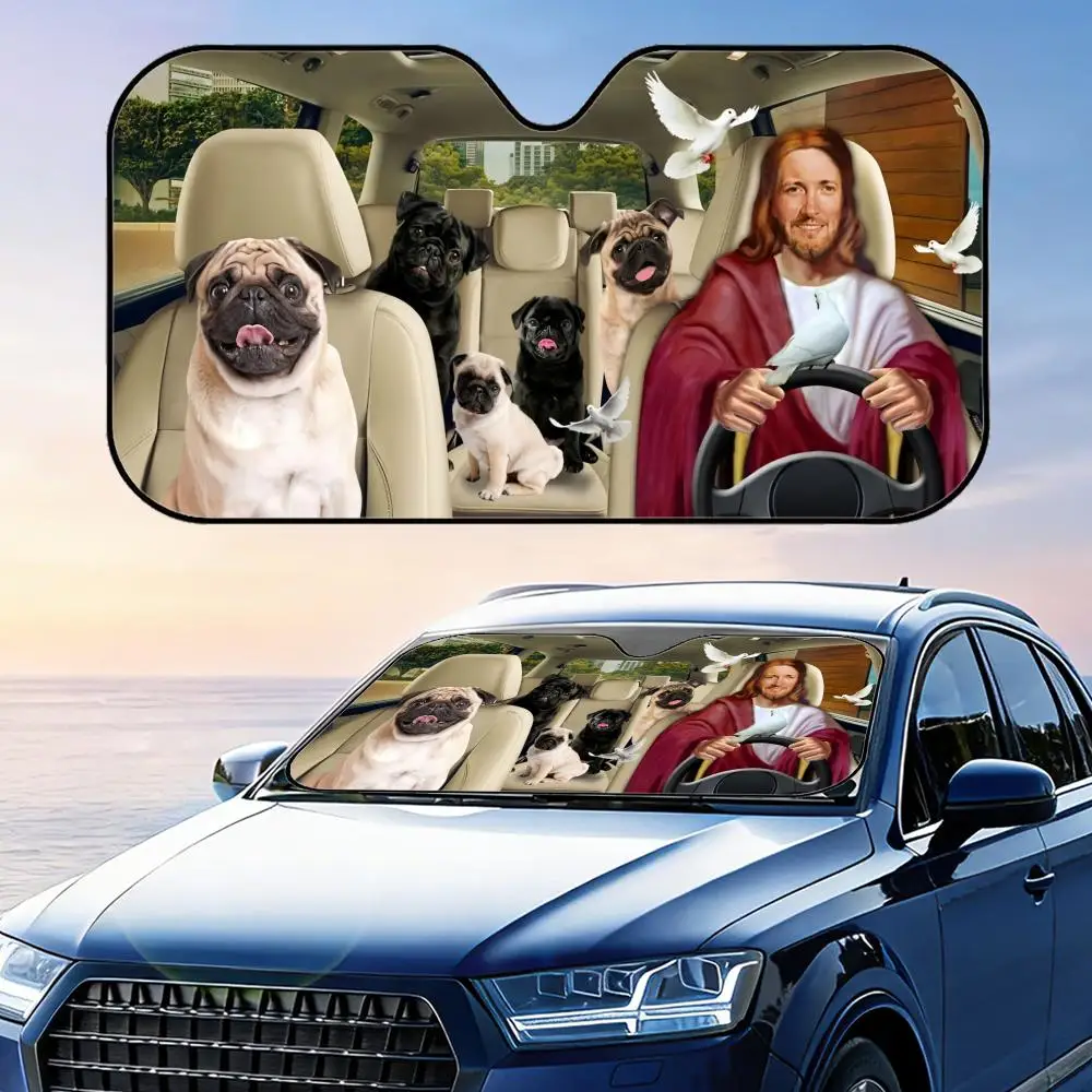 

DRIVING JESUS AND CAT Sun Visor Reusable Aluminum Foil UV Protector Heat Three-layer Insulation Windshield Sunshades
