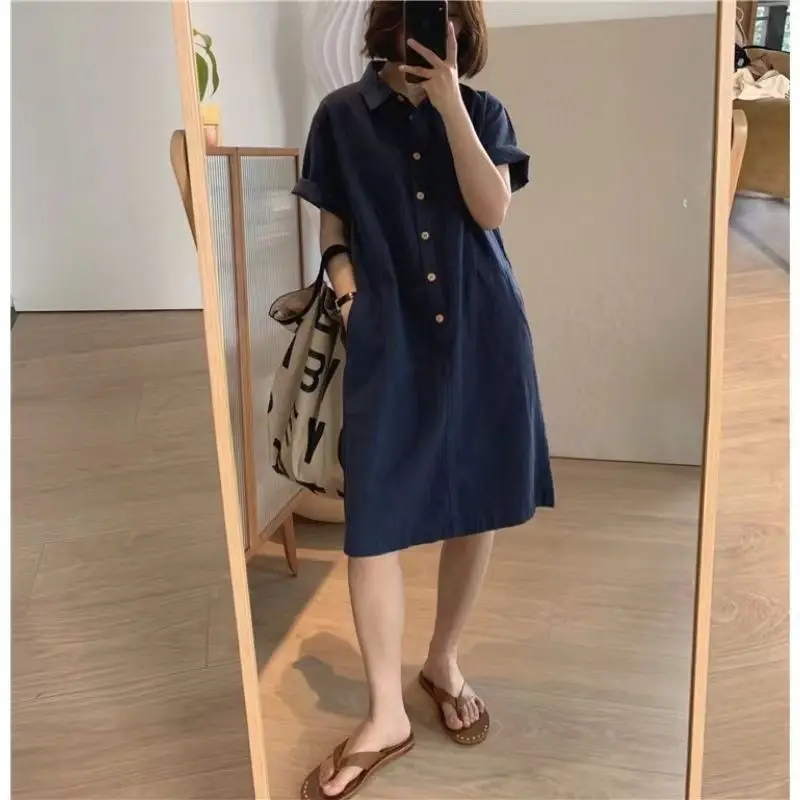 Summer Thin Short Sleeve Cotton Lin Dress Women Loose Personality Collar Simple Small Size Midi Shirt Dress Straight Tube