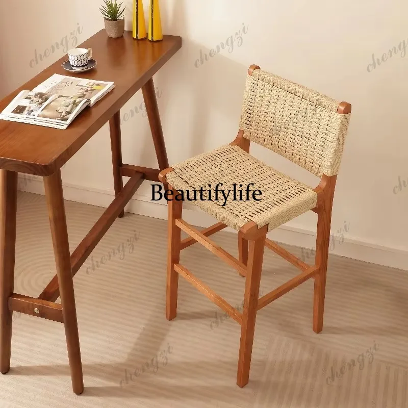 Woven Wooden Bar Stools Minimalist Modern Nordic Dining Household Backrest Bar Stools High Design Banqueta Home Furniture