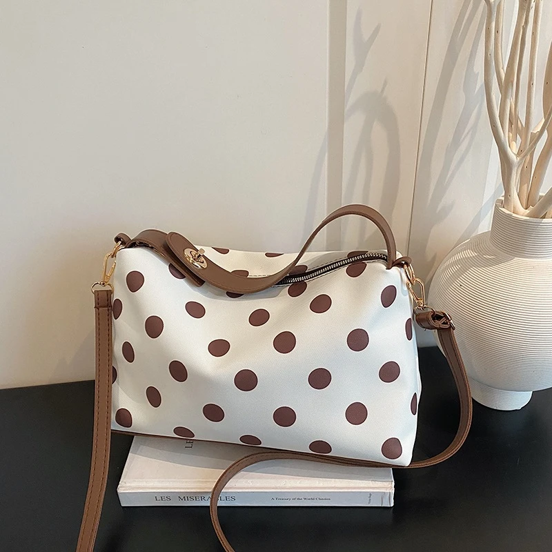 Koreanische Umhängetasche mit Polka Dots, leichte Damen-Umhängetasche, vielseitige, lässige Colorblock-Handtasche für den Arbeitsweg, Reißverschluss – Detail 28