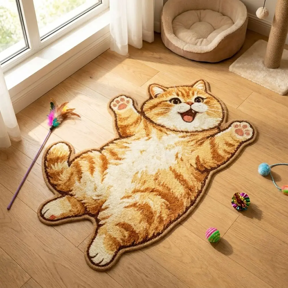 Cute 2D Cat-Shaped Area Rug Anti-fouling Easy to Clean Home Decor Carpet Non-Slip Cartoon Carpet Living Rooms