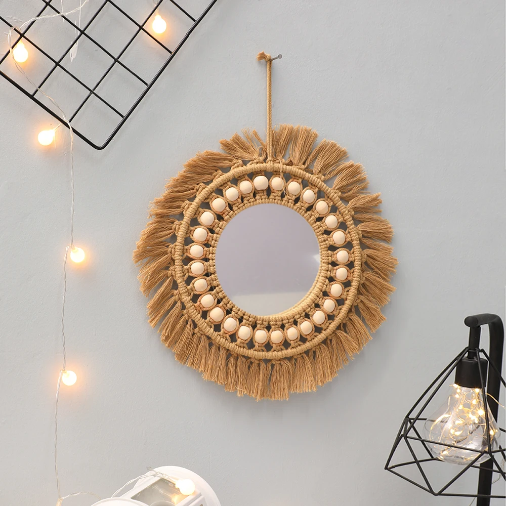 Nordic  Macrame Mirror Wall Hanging Leaf Round Macrame Tapestry Cotton  Room Decor