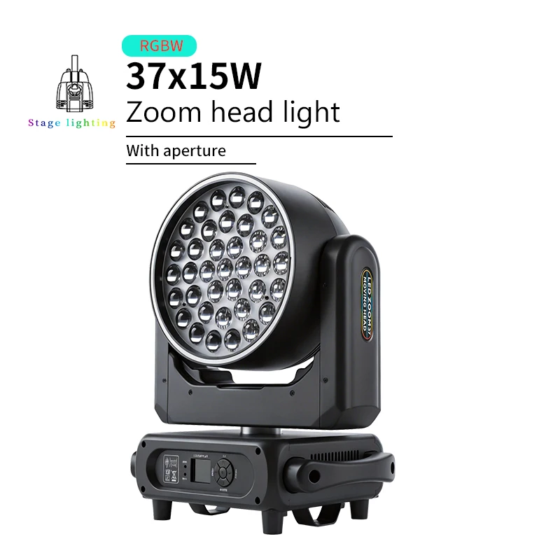 LED DMX 37x15W moving head light with pixel control and adjustable dimming; focal length range of 2°-60°, suitable for stage DJ
