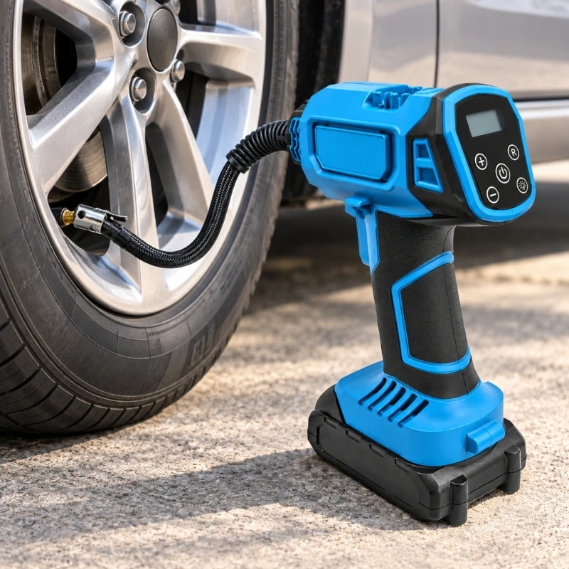 Digital Tire Inflator with Selectable Pressure and Automatic Shutoff, Integrated Light, and Attached Hose for Car and H9EE