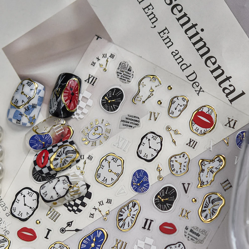 Gold Clock Nail Sticker Abstract and Distorted Timepiece Nail Decal 5D Embossed Self Adhesive Nails Charms Manicure DIY Decor