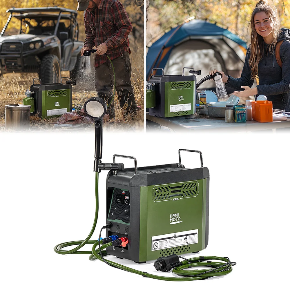 

KEMIMOTO Outdoor Portable Shower Water Heater with Pump Max 100 Mins 3s Instant Hot 20,000 BTU 4000mAh Rechargeable Battery