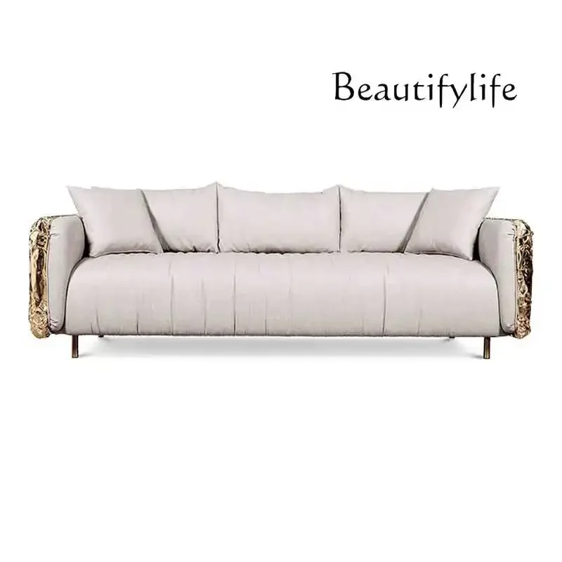 Xx Italian Light Luxury Fabric Sofa Hand-beaten Brass Hammer-pattern Pleated Leather Sofa Living Room Sofa
