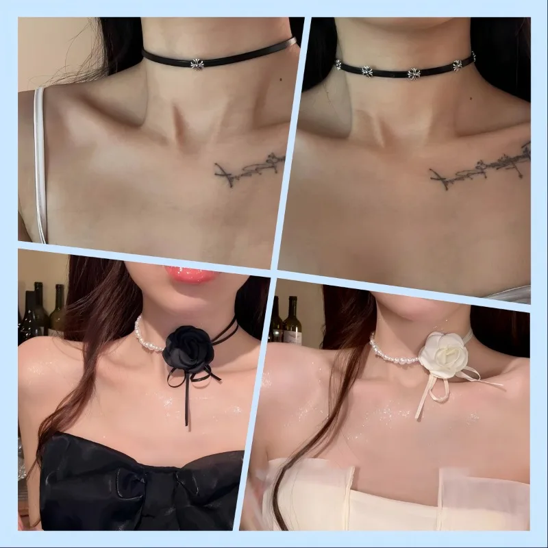 

Punk Style Black Leather Collar with Niche Design Simple and Cool Camellia Flower Pearl Necklace Sexy and Tempting Accessory