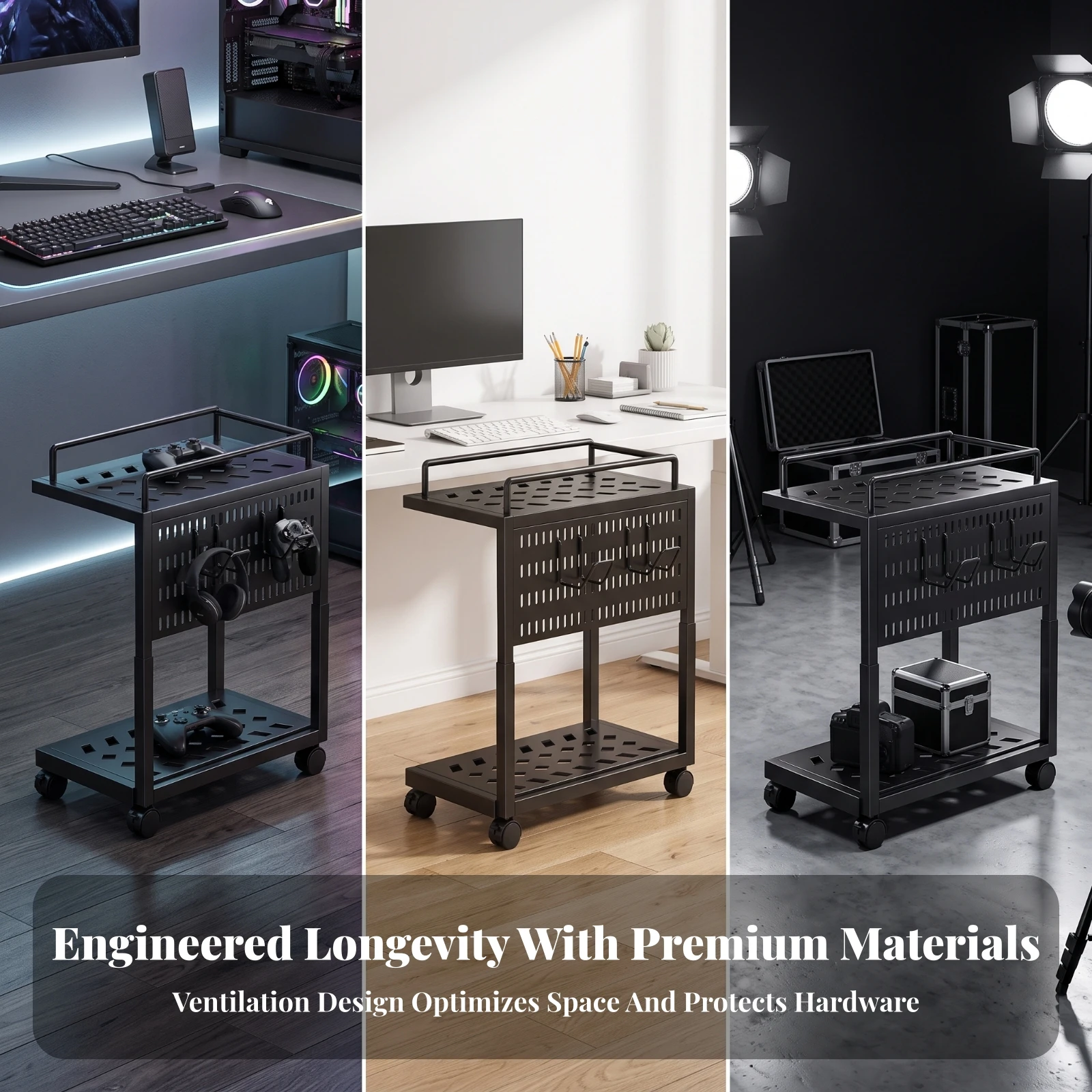 Computer Chassis Stand with Casters Smooth-Rolling Adjustable Computer Chassis Stand Cart Ventilated Heavy Duty for Gamers