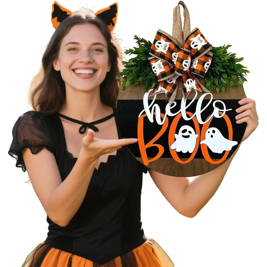

Милая дверная вешалка с призраком на Хэллоуин, деревянный венок приветствия для входной двери, фермерского дома, крыльца, уличный декор стен