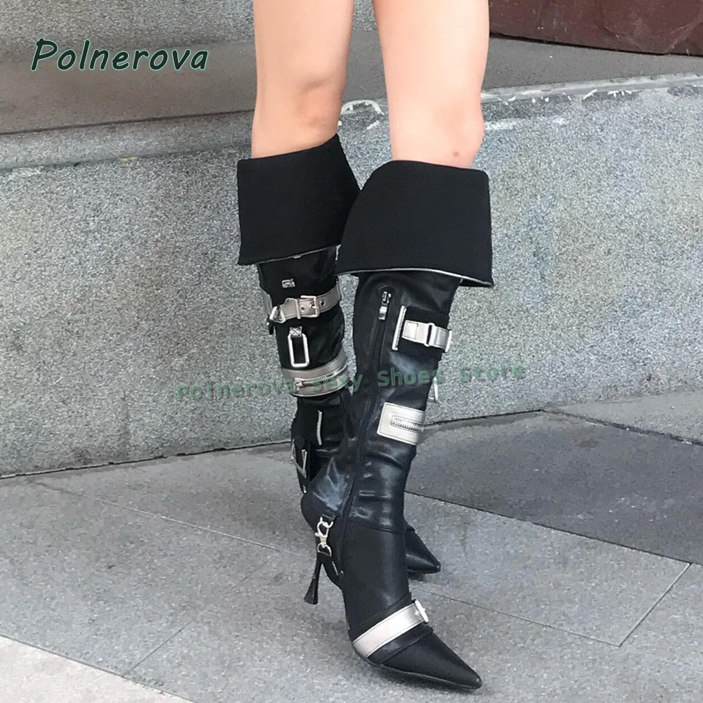 Cyberpunk Style Fashion Booty Metal Belt Buckle Punk Knee High Boots Pointed Toe Stiletto Zip Decoration Retro Spicy Girl Newest