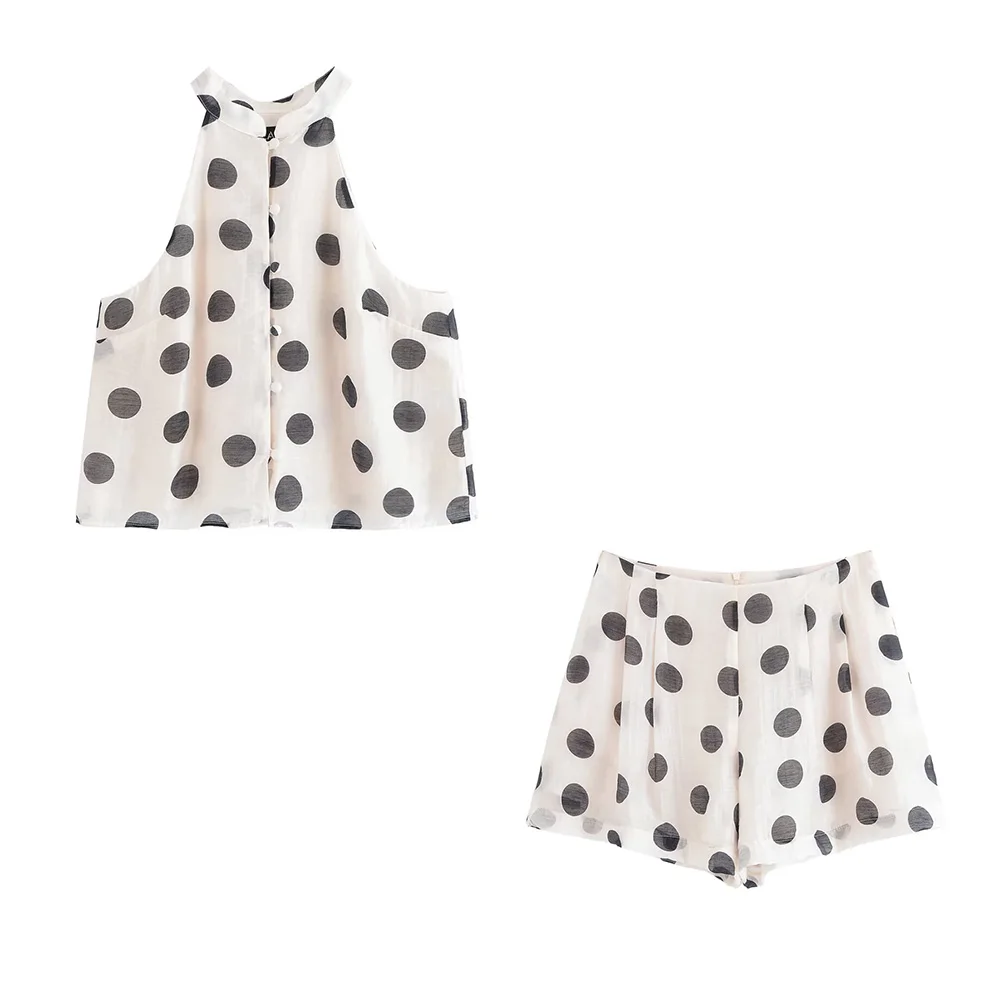 

European and American style women's clothing new 2025 fashion polka dot sleeveless short top high waisted shorts set