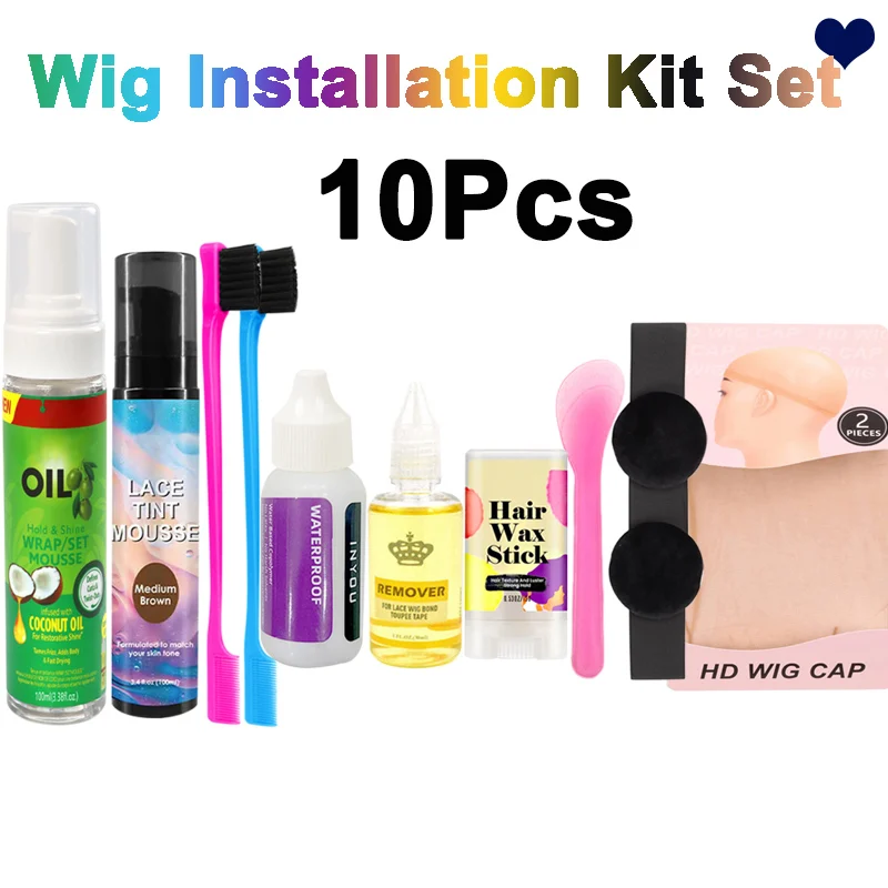 

10Pcs Wig Installation Kit Set - Wrap Set Hair Mousse Lace Tint Mousse Waterproof Lace Glue And Remover Hair Wax Stick Wig Band