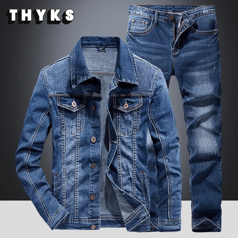 Sets Blue Jean Jackets Men's Fashion Multi Pockets Loose Casual Cotton Vintage Street Cowboy Coats Brand Clothes Denim Pants Men