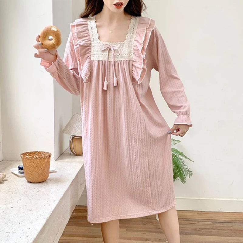 

Осень 2024, милые кружевные ночные рубашки принцессы с длинными рукавами из 100% хлопка для женщин, корейская одежда для сна, ночное платье, ночная рубашка, домашняя ночная рубашка