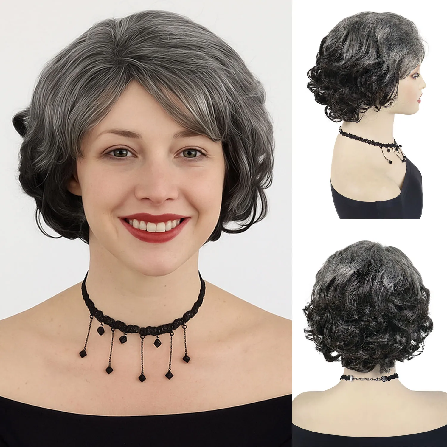 

Black Ombre Grey Wigs for Women Synthetic Hair Short Wig with Bangs Dark Gray Color Hairstyle Mommy Wig Grandma Daily Wear