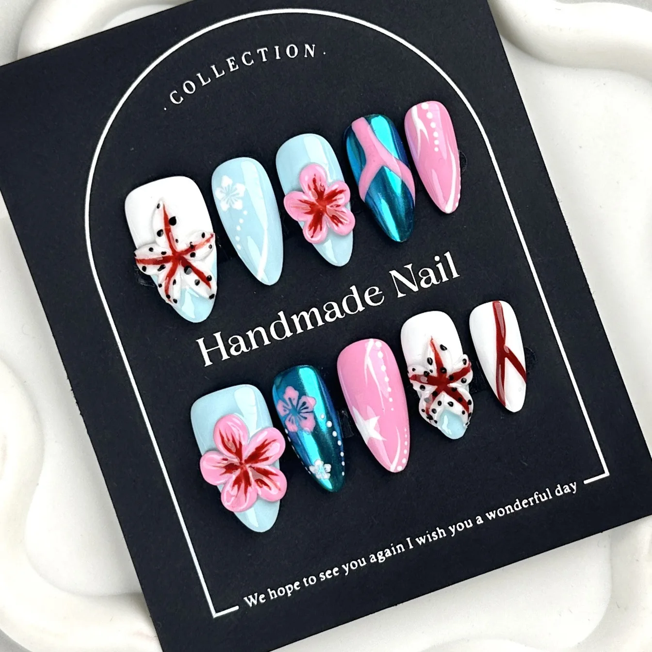 Handmade Press on Nails 3D Hand Carved Devil's Flower False Nails Wearable Japanese Style Almond Shaped Fake Nail Patches