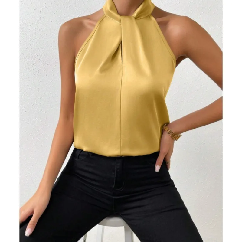 

Женские однотонные блузки, летние новые атласные топы с открытыми плечами, без рукавов, с вырезом халтер, облегающие, повседневные, модные, Roupas Feminina