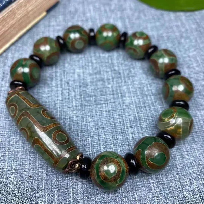 Natural Tibetan Old Agate Green Three Eye DZi with Nine Eye DZi Bracelet, Men's and Women's National Style Versatile Bracelet