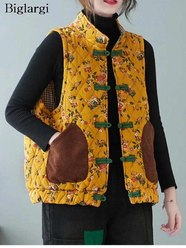 Oversized Sleeveless Winter Padded Cotton Vests Coat Women Flower Floral Fashion Casual Ladies Jackets Loose Woman Vest Coats