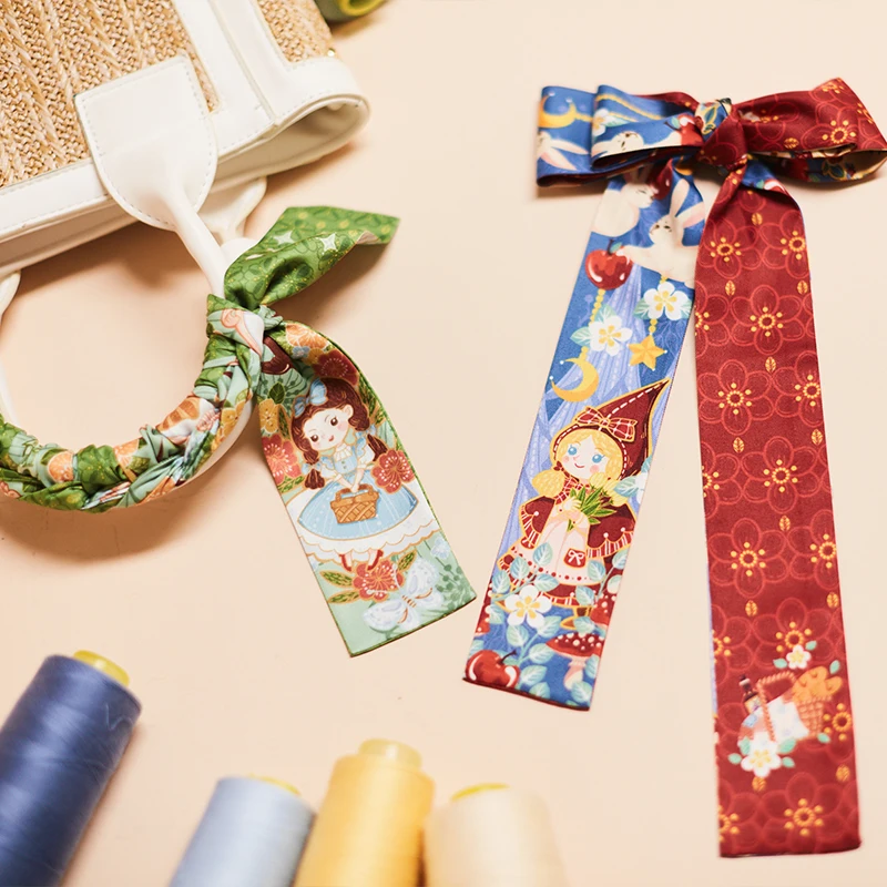

Fairy Tale Long Silk Scarf Retro Bag Handle Belt Imitation Silk Girl Heart Headband Scarf Clips for Women