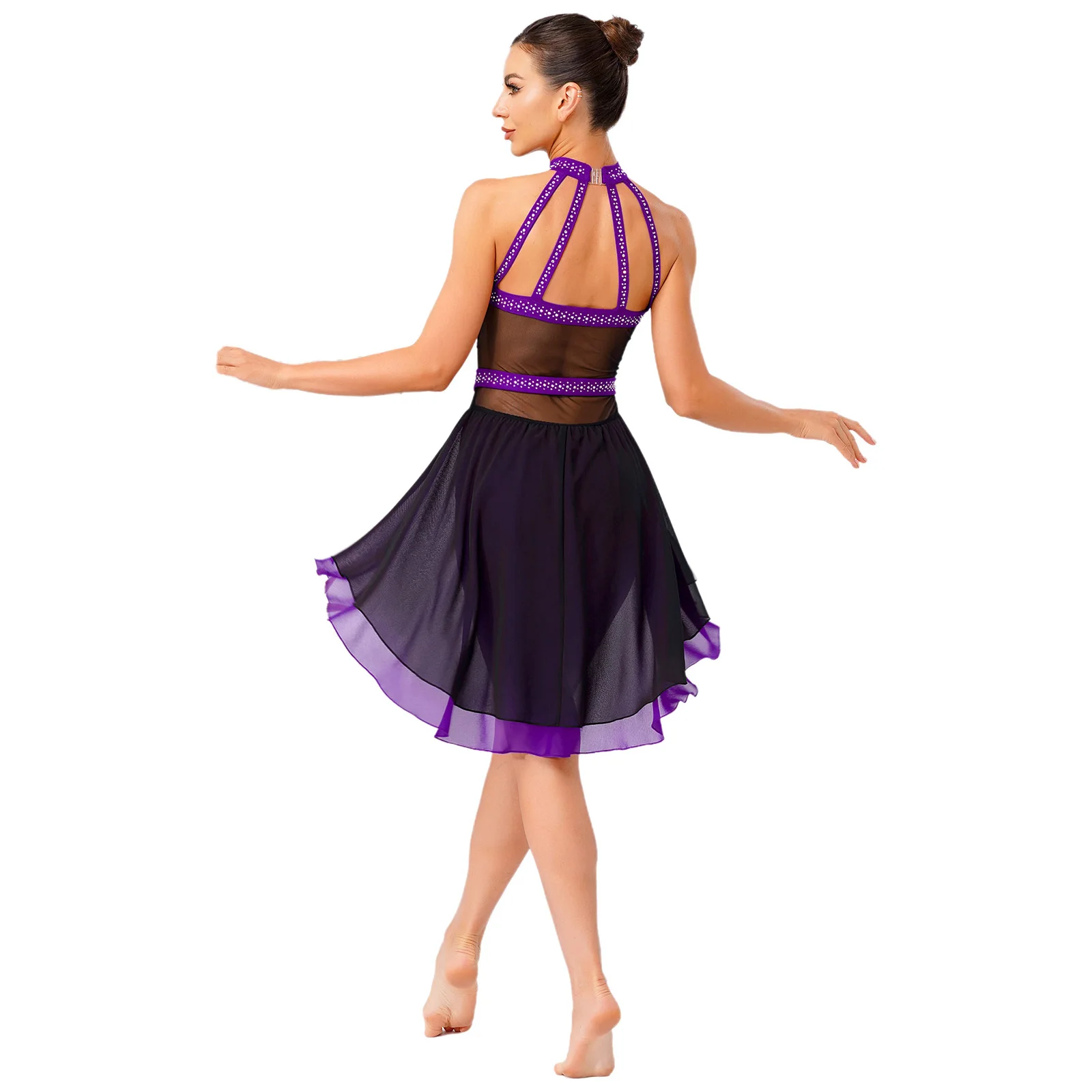 Mulheres ginástica artística ballet jérsei collant figura patinação no gelo vestidos traje brilhante strass malha contornado bodysuit