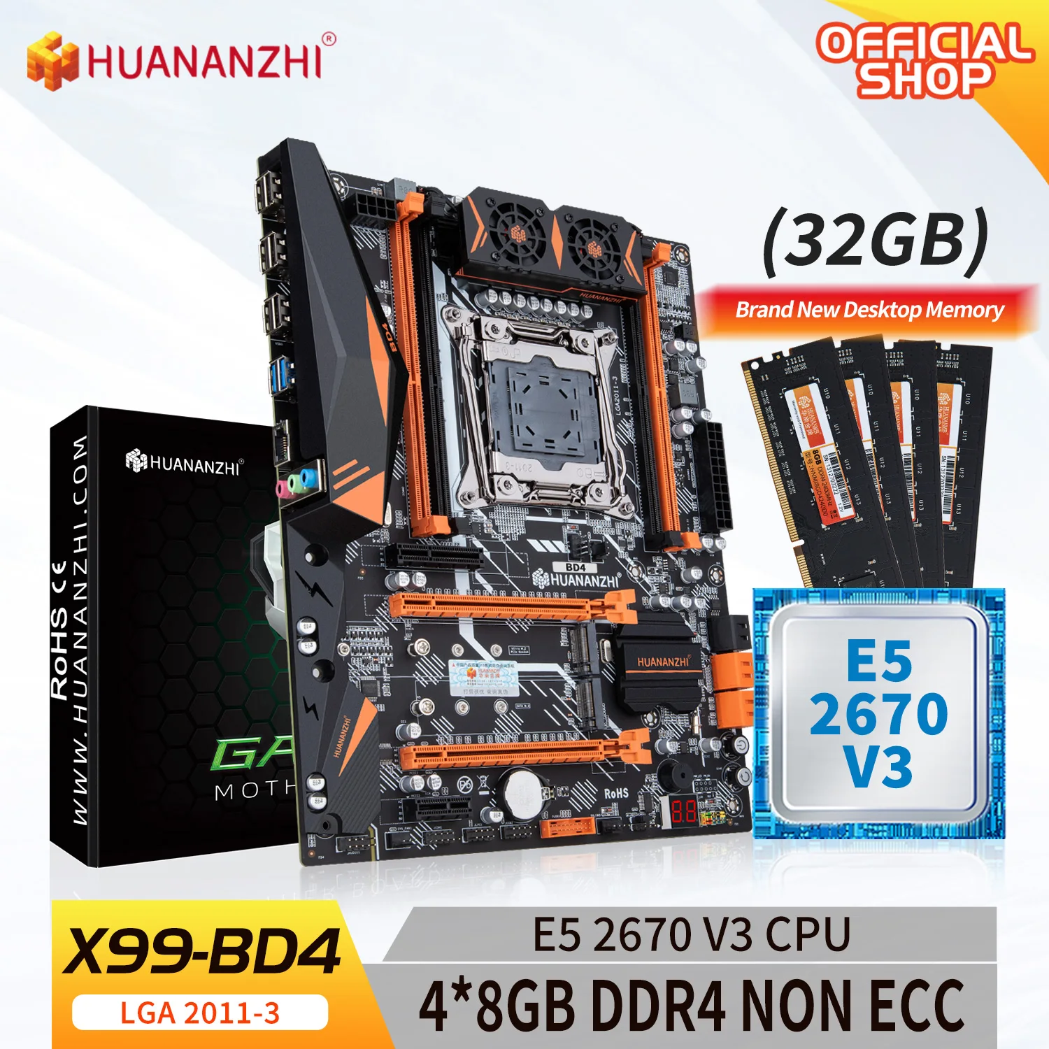 HUANANZHI X99 BD4 LGA 2011-3 XEON X99 Motherboard with Intel E5 2670 v3 with 4*8G DDR4 NON-ECC memory combo kit set NVME NGFF