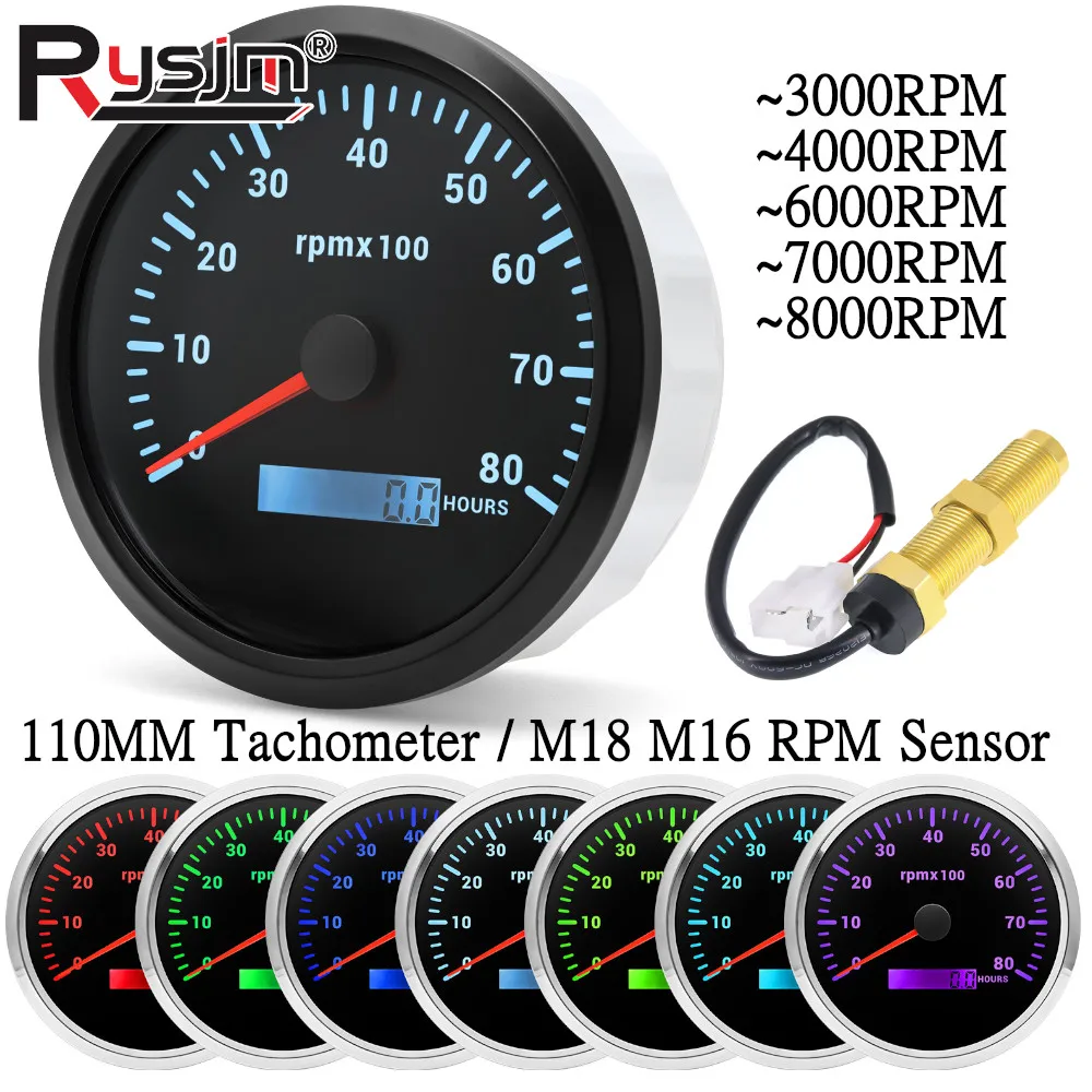 7 Color LED 110mm Tachometer 3000~8000RPM Tacho Gauge RPM Meter REV Counter with Hour Meter For Car Boat tacometro Toerenteller
