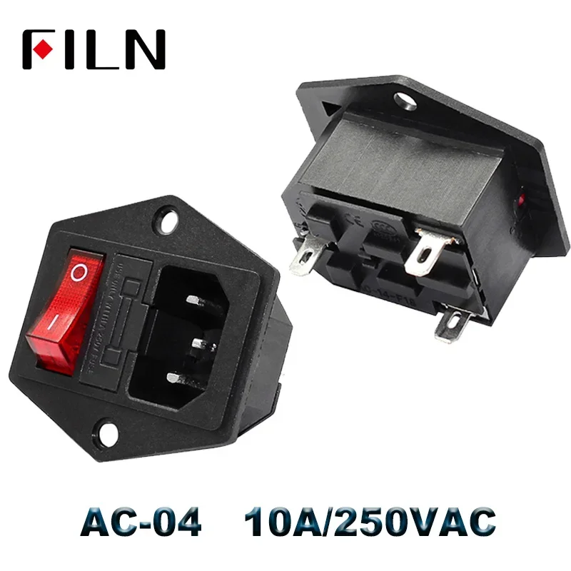 IEC320 C14 Electrical AC Socket 3 Pin Red LED 250V 10A Fuse Female Male Inlet Plug Connector 2 Pin Socket Mount Rocker Switch