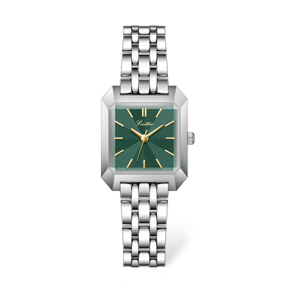 Luxury Women'S Watch, Petite And Elegant Square Green Watch, Student Style, Simple Retro, Forest-Themed, Leather Strap, Quartz.