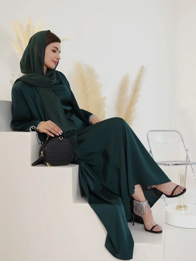 فستان عباية للعيد للنساء مطرز بالخرز طقم عبايات حفلات من الساتان الحريري مكون من قطعتين فساتين رمضان العربية السعودية رداء قفطان قفطان