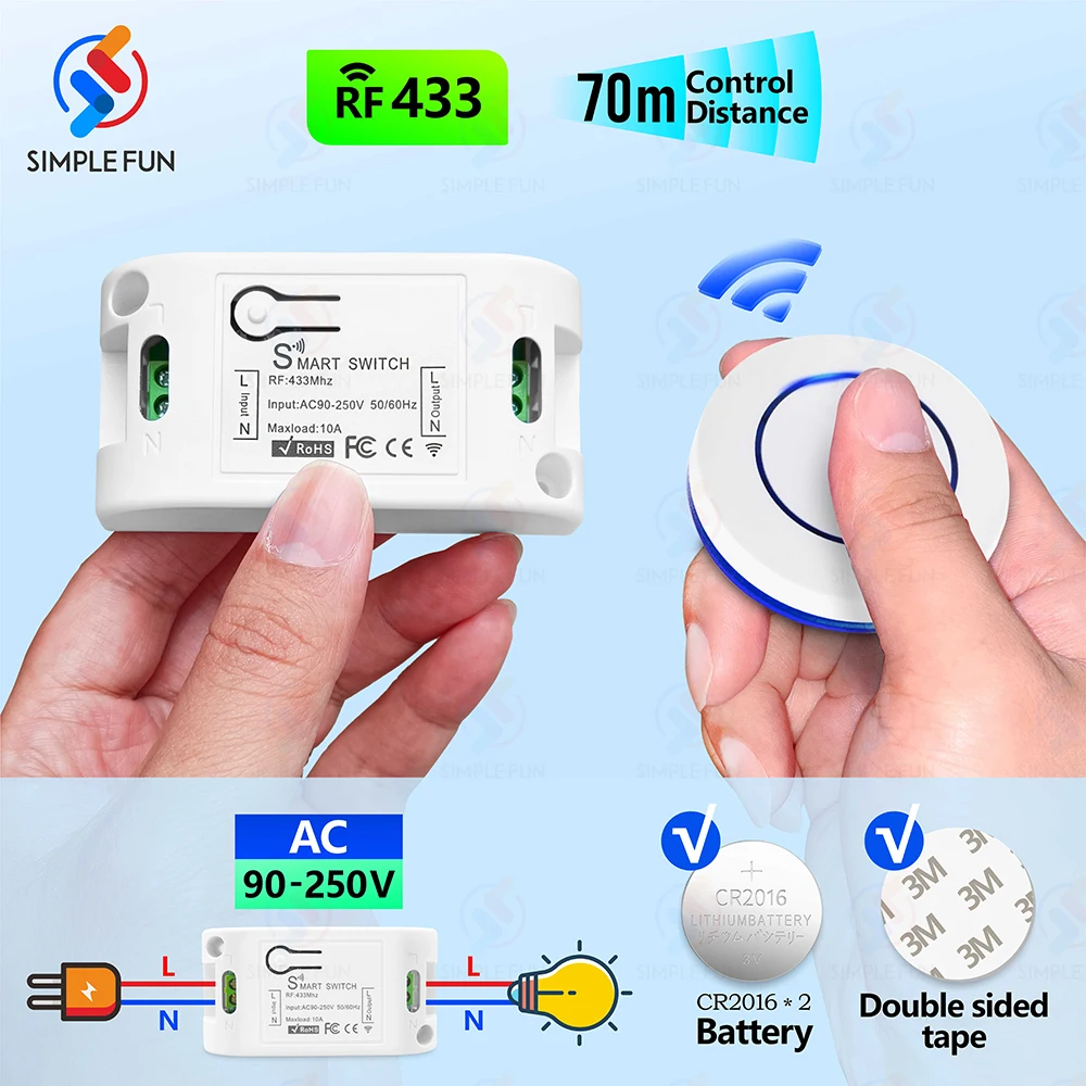 Wireless RF433MHz Remote Control Switch AC 110V 220V 10A Relay Receiver and Round Button Transmitter for Light Lamp Fan ON/OFF 