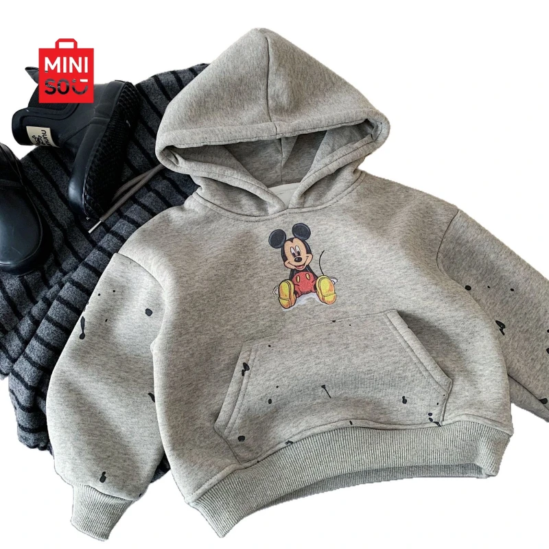 

Miniso 2025 Kids Hoodie, Fleece-Lined Unisex Pullover with Cartoon Print for Boys & Girls Winter Fashion