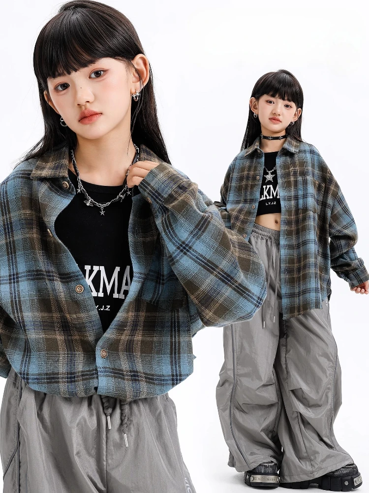 

Girls Jazz Dance Clothes Set Kpop Hip Hop Clothing Plaid Long Sleeved Shirt Loose Pants Group Modern Dance Performance Costume
