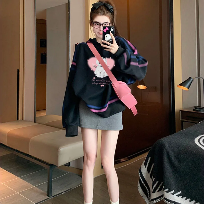 Women's Sweater Personality Cartoon Printed Pullover Top Mid-length Hoodie Color Line Fashion Korean Style Street Thin Y2k