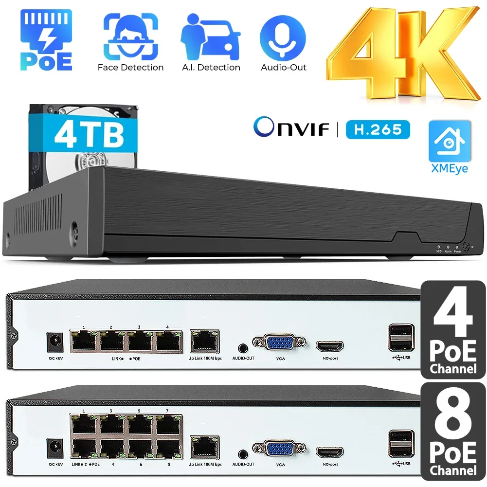 4k cctv poe nvr poe gravador de vídeo em rede para sistema de câmera de segurança em casa onvif dvr para câmera ip 8mp 4/8ch power over ethernet