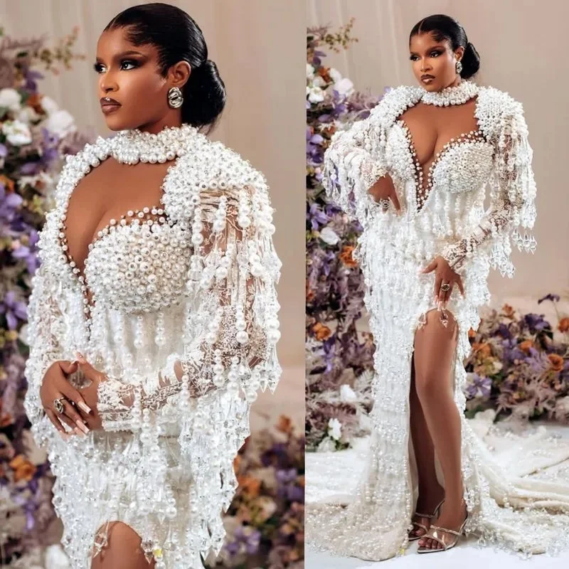 Customized Luxurious Wedding Dress Bridal Gowns For Bride Mermaid Illusion Sheer Neck Long Sleeves Appliqued Beaded Lace Side