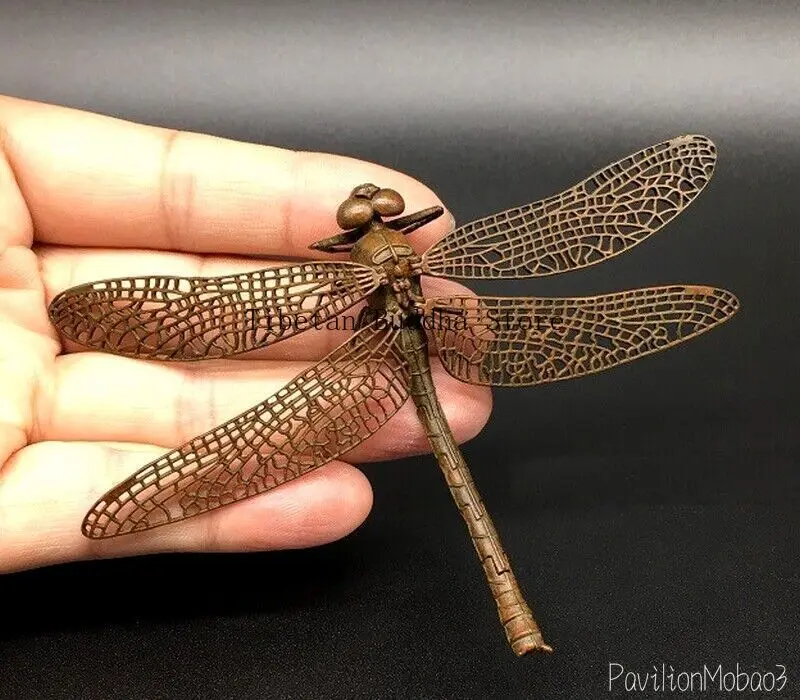 Solid Brass Dragonfly Statue Insect Figurine Netsuke Craft Decor