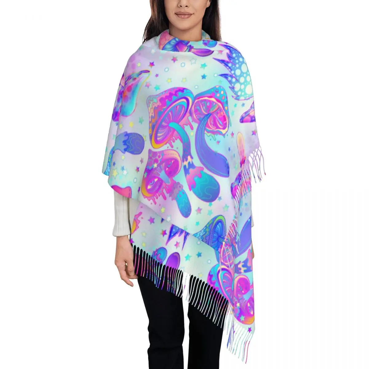 Psychedelic Mushrooms Scarf for Womens Winter Warm Pashmina Shawl Wrap Hippie Single-sided Pattern Scarves with Tassel