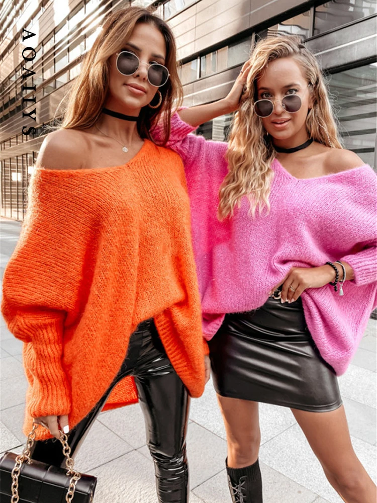 Aoaiiys Sweater Women Pullovers Knitted Long Sleeve V Neck Jumpers Basic Warm Oversized Loose Casual Top Autumn Winter Pullovers