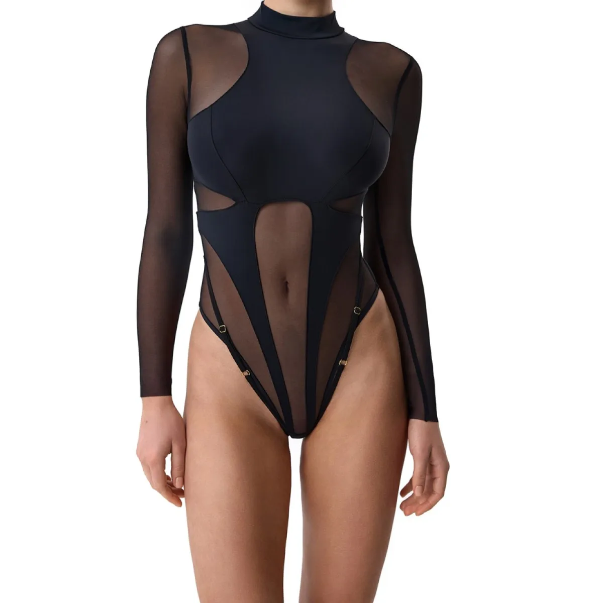 

2025 ultra-thin mesh see through waist cinching sexy slim fit patchwork jumpsuit looks slim and can be opened crotch