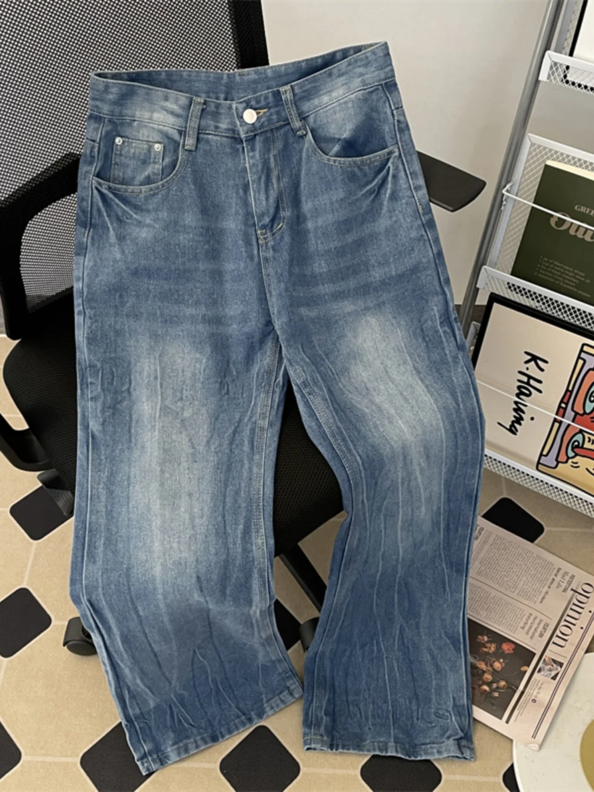 

Мужские джинсы Waed Lightning Pattern в американском уличном стиле, прямые брюки-клеш, длинные, осенне-зимние, модные