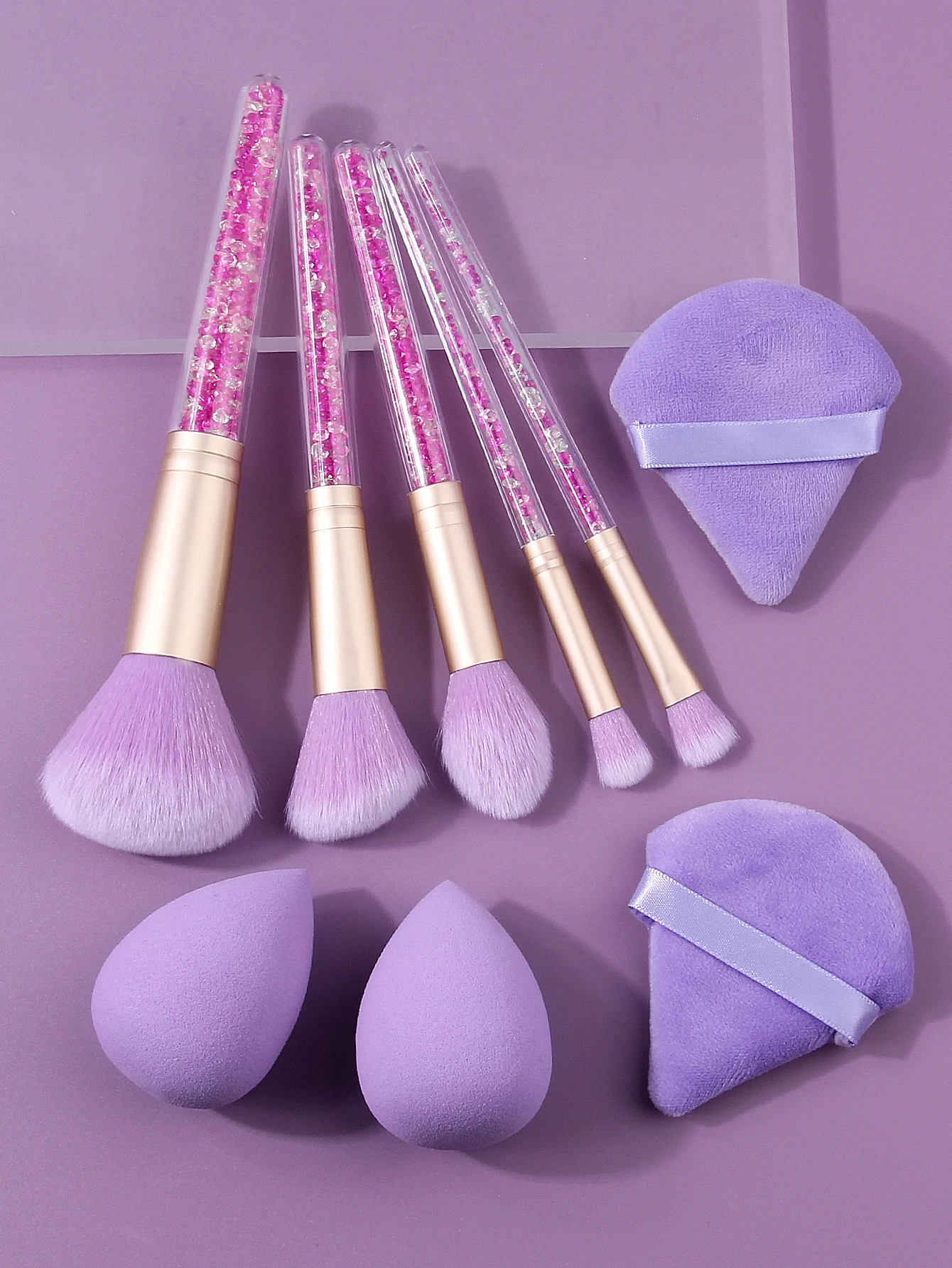 9PCS Purple Pink Glitter Makeup Brush Set w/ Sponges & Puffs - Soft Bristle Full Tools for Face Eyeshadow Blush