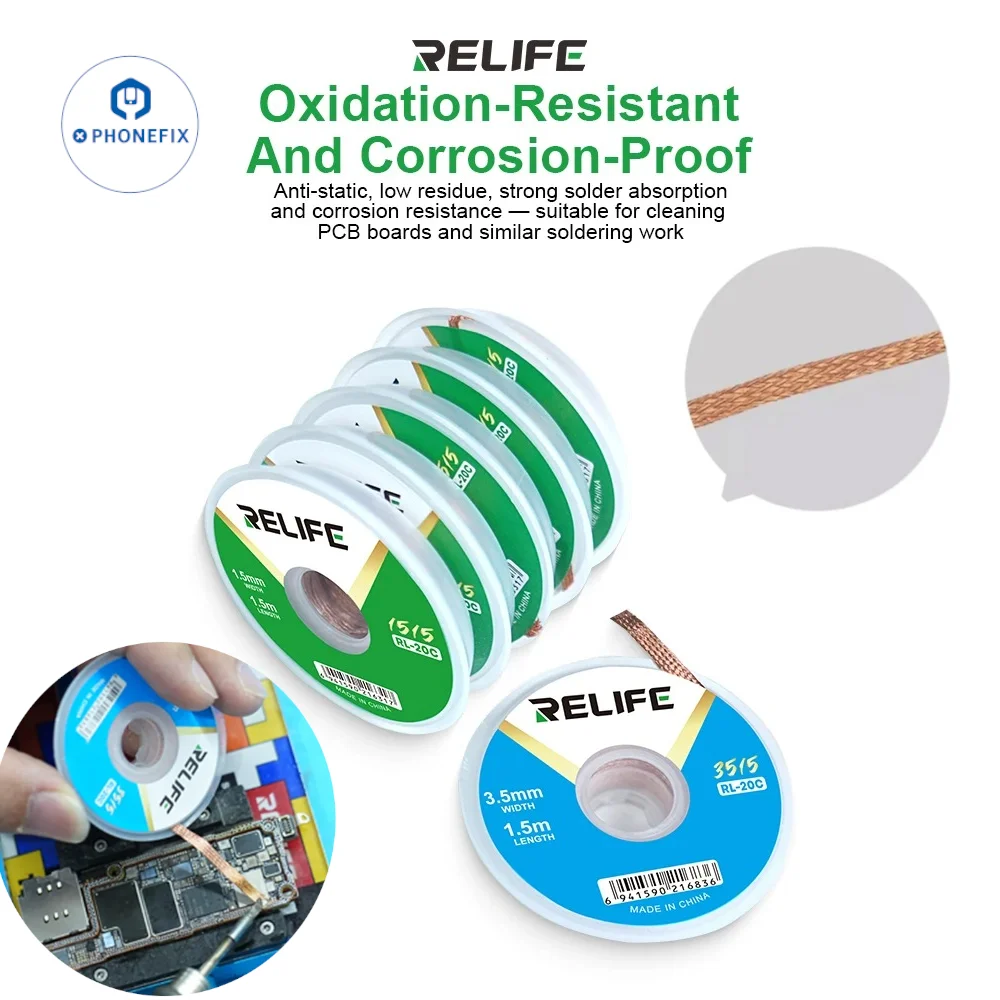 

RELIFE RL-20C Premium Pure Copper Desoldering Braid Wick Fast Solder Absorption Powerful Cleaning for BGA PCB Phone Repair Tools