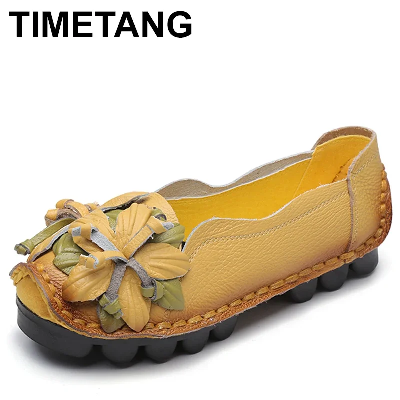 TIMETANGWomen Shoes Handmade Genuine Leather Casual Shoes Women Floral Solid Flat Shoes Vintage Cow Leather Loafers S Woman