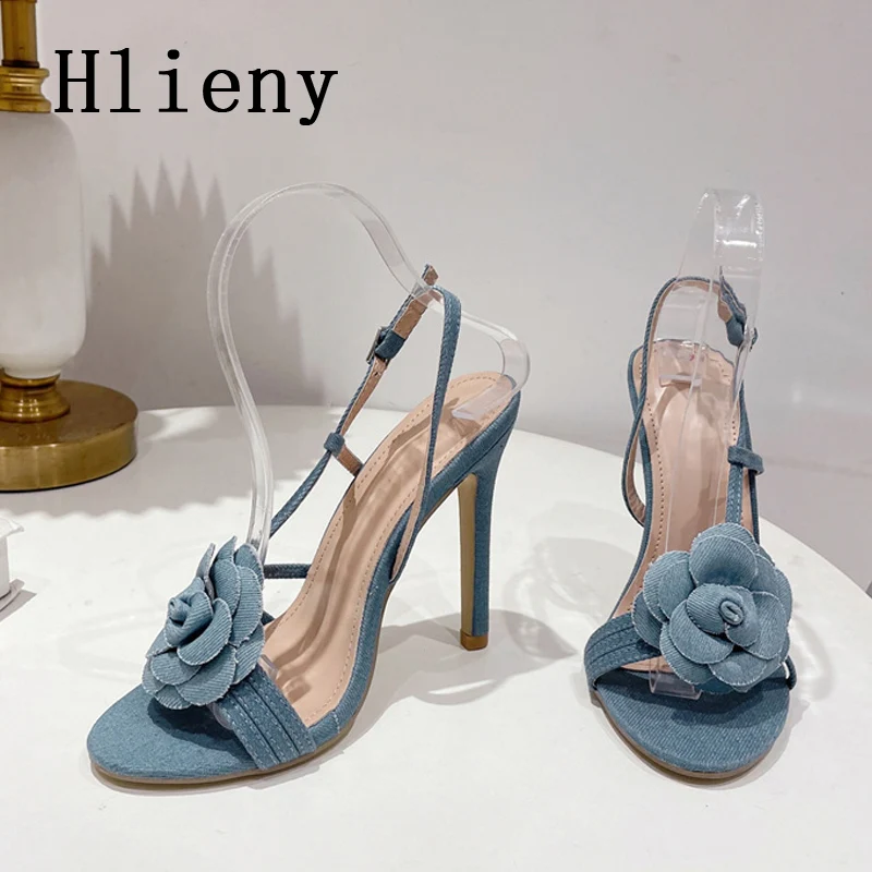 Hlieny Blue Denim Buckle Strap Sandals Woman Summer New Fashion Flower Open Toe Gladiator Thin High Heels Party Dress Shoe