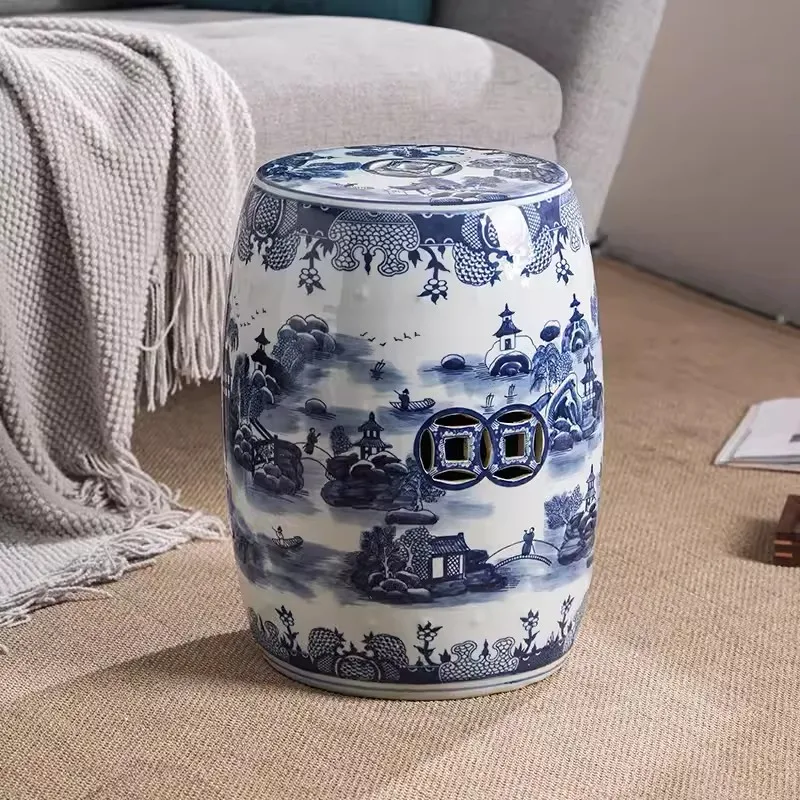 Chinese Antique Blue And White Living Room Side Bench Garden Flower Pot Ornaments