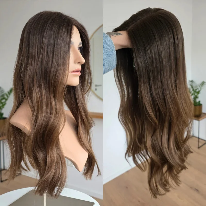 HD Glueless Wig Ombre Caramel Brown Wig Natural Preplucked Hairline with Baby Hair High Quality Synthetic Wig Blend Human Hair