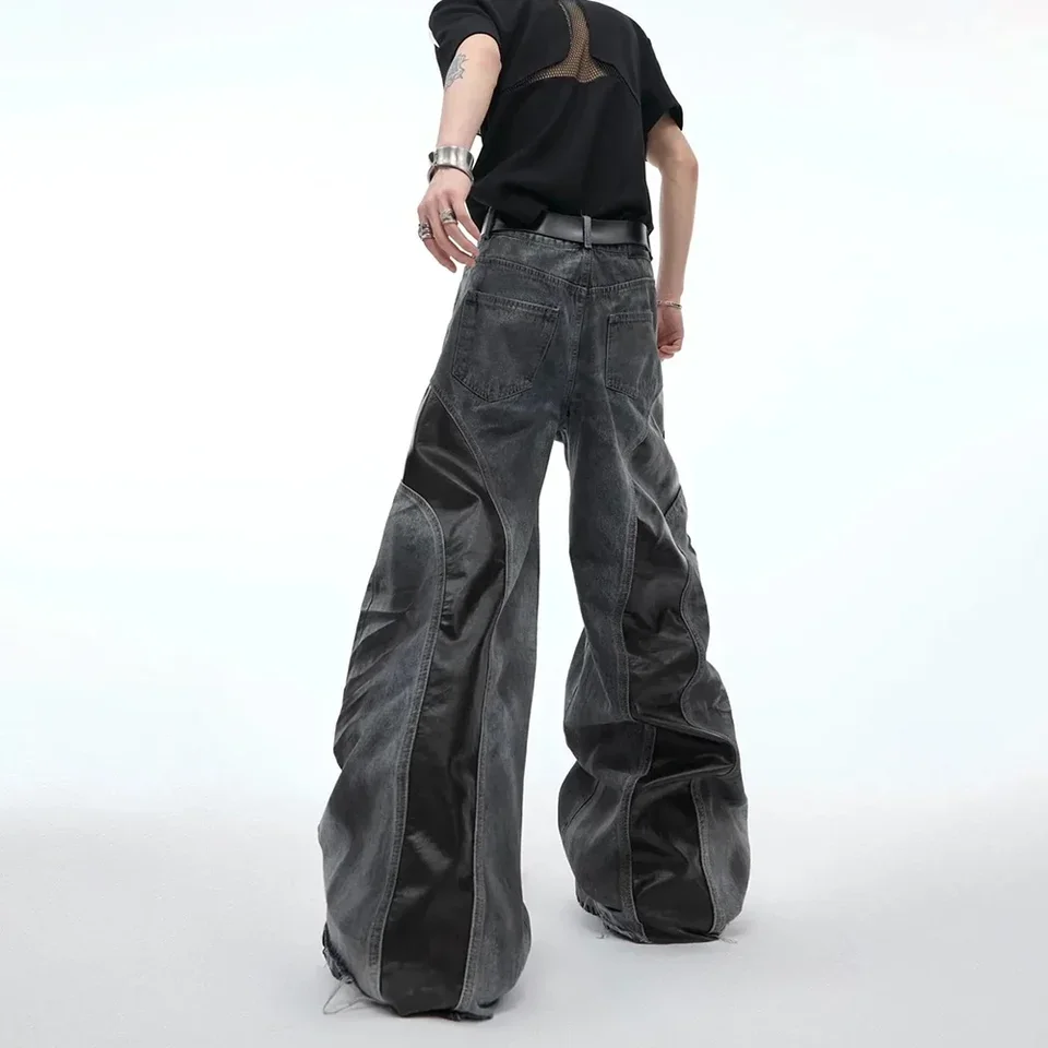 Mens Jeans Pu Leather Stitching Whisker Washed Wilderness Style Casual Pants Streetwear Fashion Personality Trousers Men'S Wear